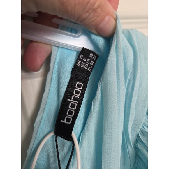 Boohoo Dress Sz 6 Pastel Blue Cinched Waist Puffy Sleeves Lined Polyester NWT - Picture 5 of 13